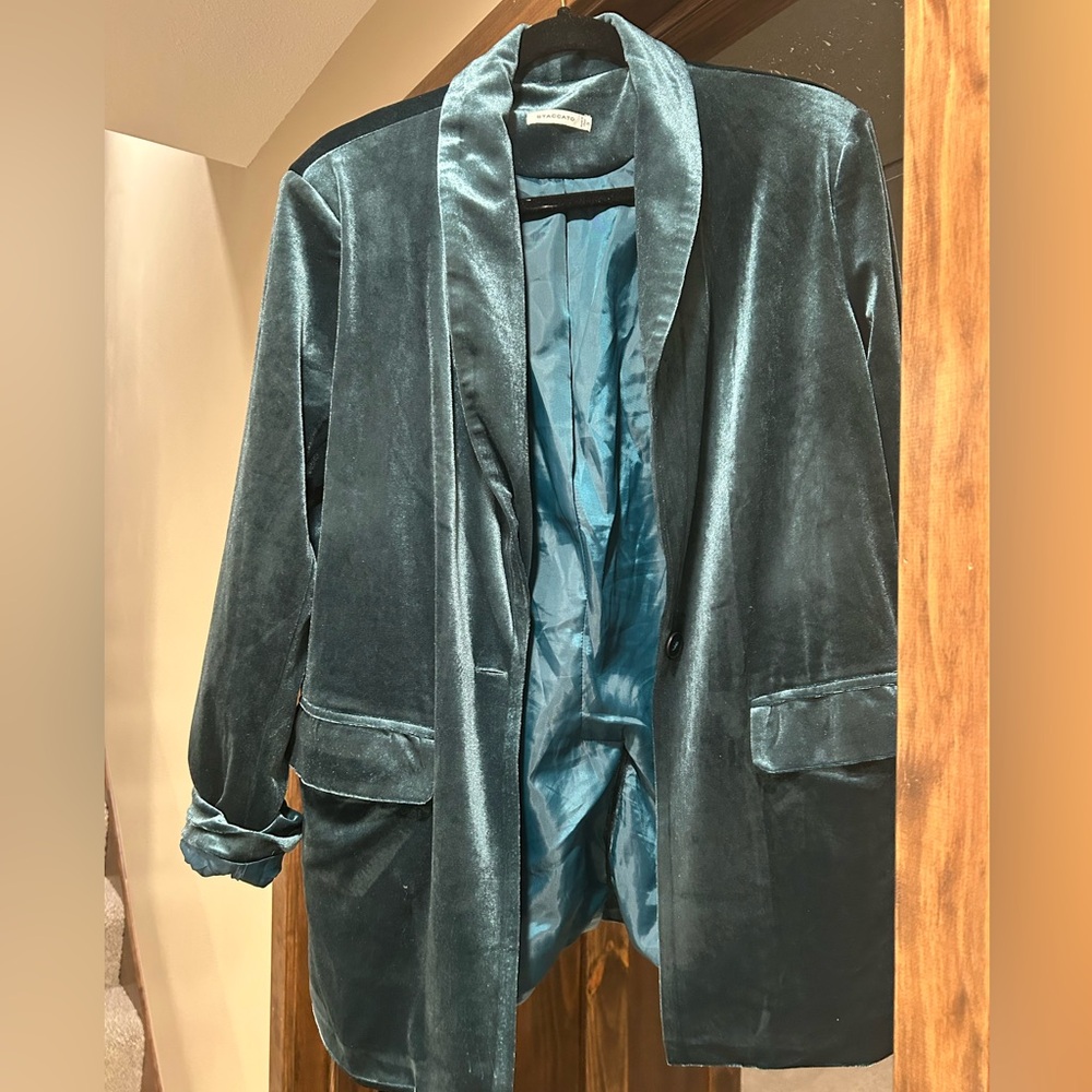 Velour Boyfriend Blazer- Tourquoise- Size Small -pockets, lined